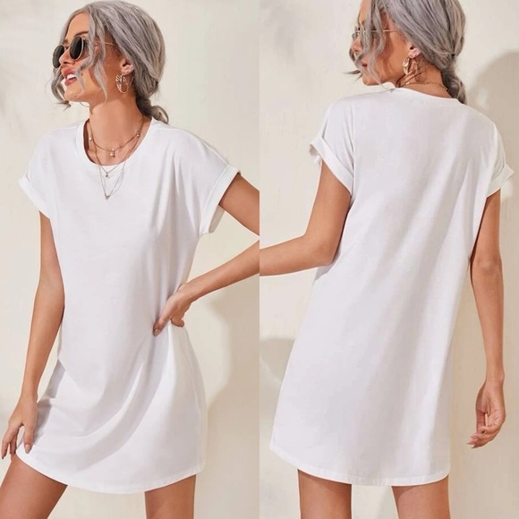 Rolled cuff short sleeve casual tee shirt dress black - Picture 2 of 5